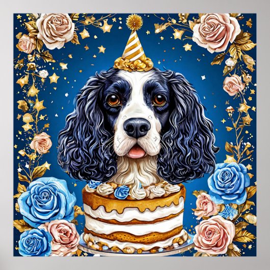Spaniel hond viert verjaardag met taart poster (Voorkant)