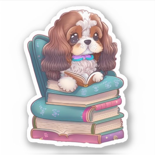 Spaniel Puppy Lezen Een Boek Sticker (Voorkant)