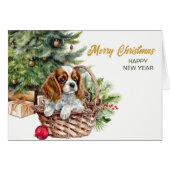 Spaniel Puppy Rieten Mand Kerst Kaart (Voorkant Horizontaal)