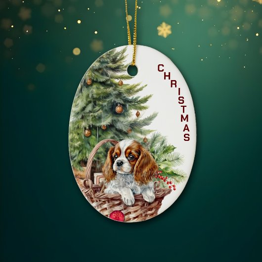 Spaniel puppy rieten mand kerst keramisch ornament