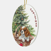 Spaniel puppy rieten mand kerst keramisch ornament (Links)