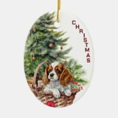Spaniel puppy rieten mand kerst keramisch ornament (Voorkant)
