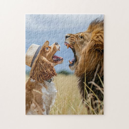 Spaniel vs Leeuw In Savanne Legpuzzel (Verticaal)