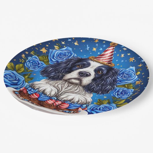 Spaniëlhond viert verjaardag met feestelijk Pet Papieren Bordje (Gekanteld)