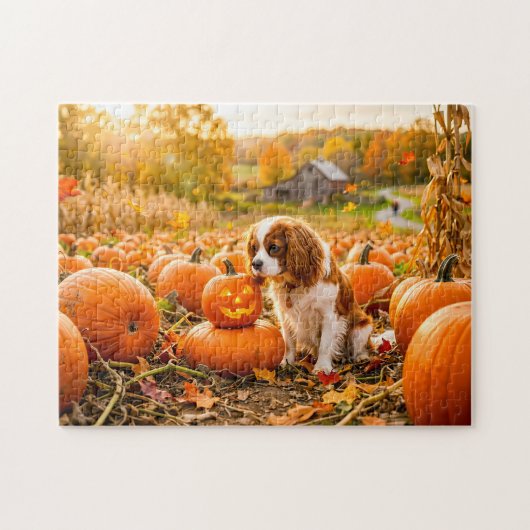 Spanielpuppy in herfst pompoenveld legpuzzel (Horizontaal)