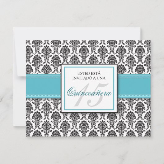 SPANISH Aqua Damask Quinceañera Invitación Kaart (Voorkant)