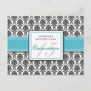 SPANISH Aqua Damask Quinceañera Invitación Kaart