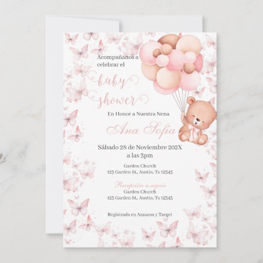 Spanish Baby Shower Invitation Pink Bear Girl Kaart (Voorkant)