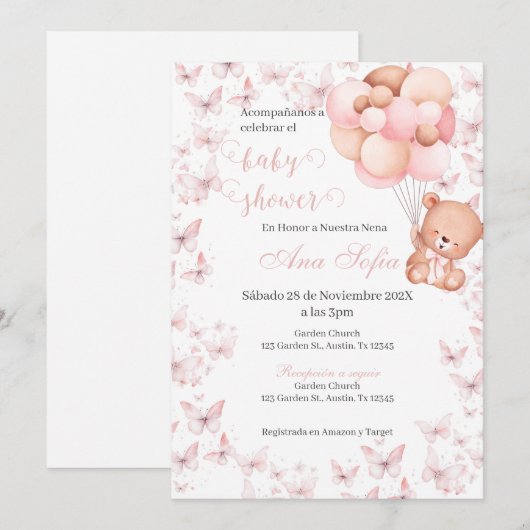 Spanish Baby Shower Invitation Pink Bear Girl Kaart (Voorkant / Achterkant)