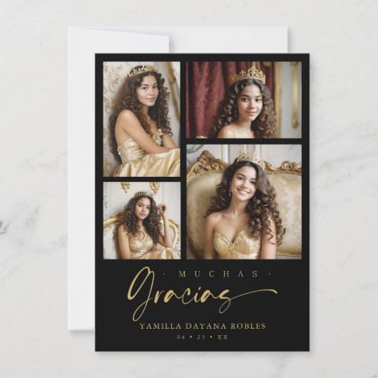 Spanish Black Trendy Quinceañera Collage 4 Photos Bedankkaart (Voorkant)