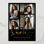 Spanish Black Trendy Quinceañera Collage 4 Photos Folie Uitnodiging (Voorkant)