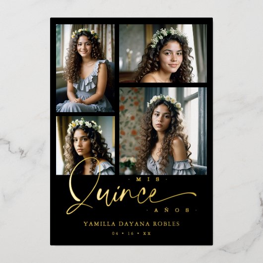 Spanish Black Trendy Quinceañera Collage 4 Photos Folie Uitnodiging (Voorkant)
