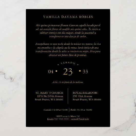 Spanish Black Trendy Quinceañera Collage 4 Photos Folie Uitnodiging (Achterkant)