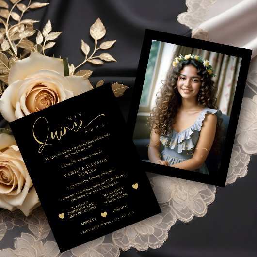 Spanish Black Trendy Quinceañera Collage 4 Photos RSVP Kaartje