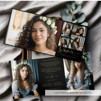 Spanish Black Trendy Quinceañera Collage 7 Photos Drieluik Uitnodiging