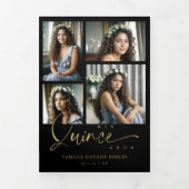 Spanish Black Trendy Quinceañera Collage 7 Photos Drieluik Uitnodiging (Cover)