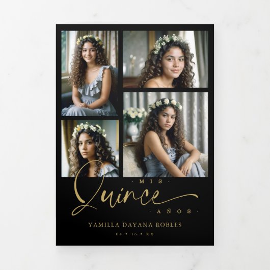 Spanish Black Trendy Quinceañera Collage 7 Photos Drieluik Uitnodiging (Cover)