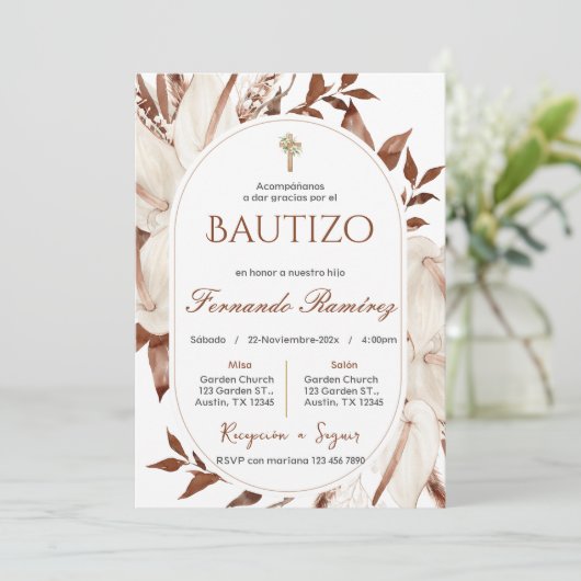 Spanish Boho Baptism Floral invitation Kaart (Staand voorkant)