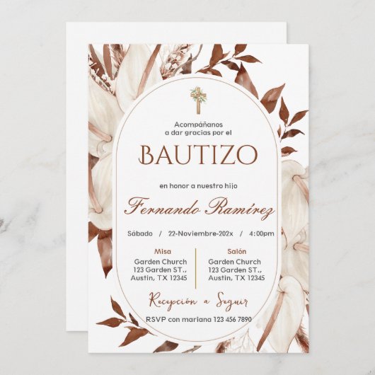 Spanish Boho Baptism Floral invitation Kaart (Voorkant / Achterkant)