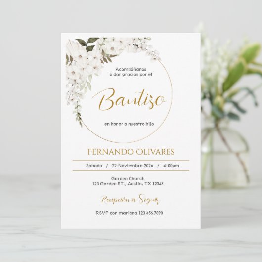 Spanish Boho Baptism Floral invitation Kaart (Staand voorkant)