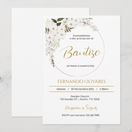 Spanish Boho Baptism Floral invitation Kaart (Voorkant / Achterkant)