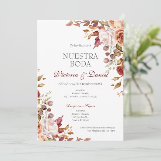 Spanish Boho Floral Wedding Kaart (Staand voorkant)