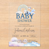 Spanish Boy Baby shower Teddybeer Vliegtuig Blauw Acryl Uitnodigingen (Voorkant)