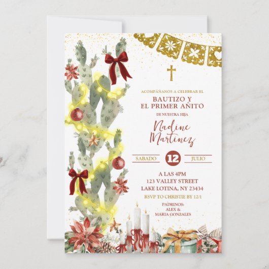 Spanish Cactus Christmas Baptism Invitation Kaart (Voorkant)