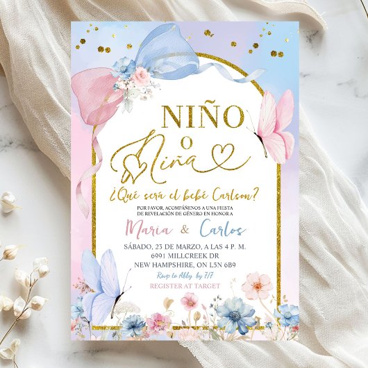 Spanish Coquette Blush Nino o Nina Gender Reveal Kaart