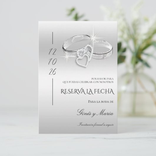 Spanish Decorative Glitzy Silver Wedding Rings  Save The Date (Staand voorkant)
