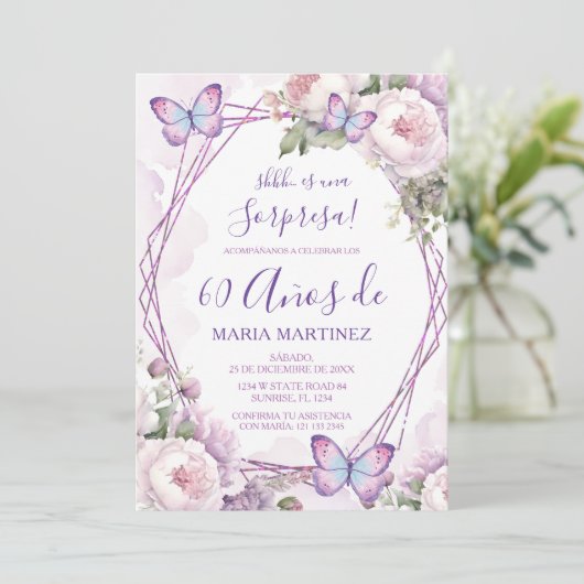 Spanish Dusty Purple Floral Sorpresa 60th Birthday Kaart (Staand voorkant)