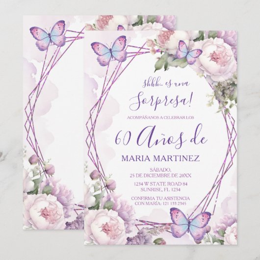 Spanish Dusty Purple Floral Sorpresa 60th Birthday Kaart (Voorkant / Achterkant)