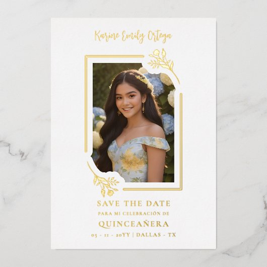 Spanish Elegant Photo Quinceañera Yellow Floral Folie Uitnodiging (Voorkant)