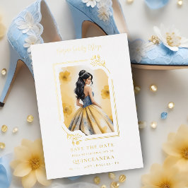 Spanish Elegant Quinceañera Yellow Doll Floral Folie Uitnodiging