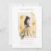 Spanish Elegant Quinceañera Yellow Doll Frame Save The Date (Voorkant)