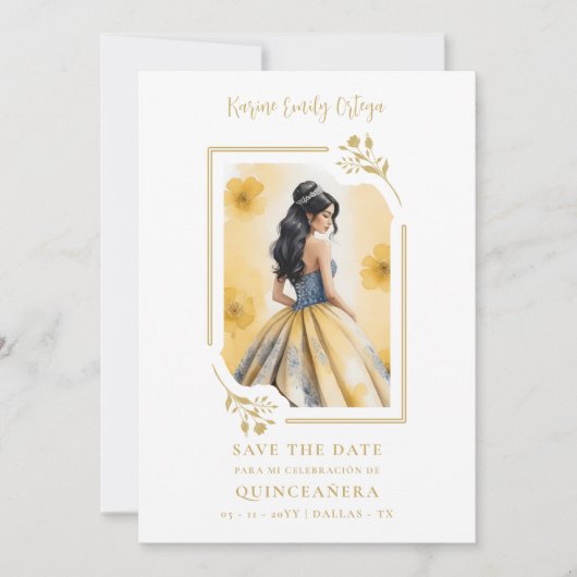Spanish Elegant Quinceañera Yellow Doll Frame Save The Date (Voorkant)