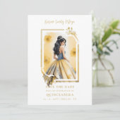 Spanish Elegant Quinceañera Yellow Doll Frame Save The Date (Staand voorkant)