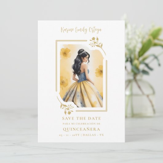 Spanish Elegant Quinceañera Yellow Doll Frame Save The Date (Staand voorkant)