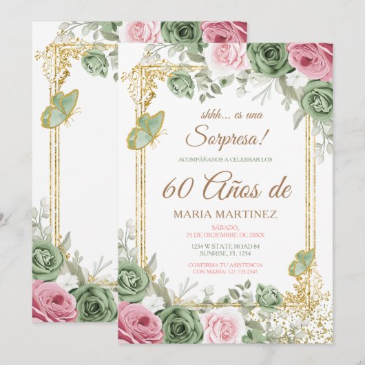 Spanish Floral Fiesta Sorpresa 60 Años Birthday Kaart (Voorkant / Achterkant)