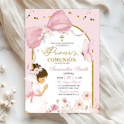 Spanish Girl Kneeling Pink Bow Primera Comunion Kaart