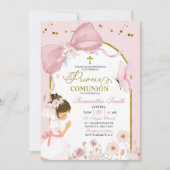 Spanish Girl Kneeling Pink Bow Primera Comunion Kaart (Voorkant)