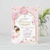 Spanish Girl Kneeling Pink Bow Primera Comunion Kaart (Staand voorkant)