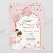 Spanish Girl Kneeling Pink Bow Primera Comunion Kaart (Voorkant / Achterkant)