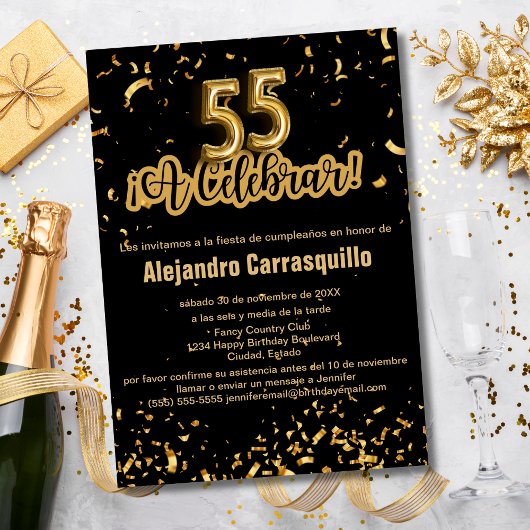 Spanish Glam Black & Gold Confetti 55e verjaardag Kaart