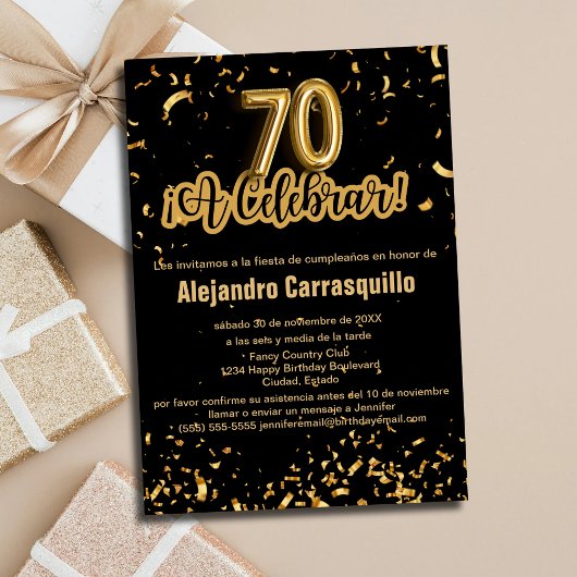 Spanish Glam Black & Gold Confetti 70e verjaardag Kaart