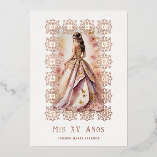 Spanish Glam Quinceañera Rose Gold Ornate Frame Folie Uitnodiging (Voorkant)