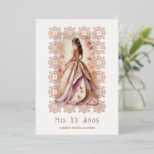 Spanish Glam Quinceañera Rose Gold Ornate Frame Folie Uitnodiging (Staand Voorkant)