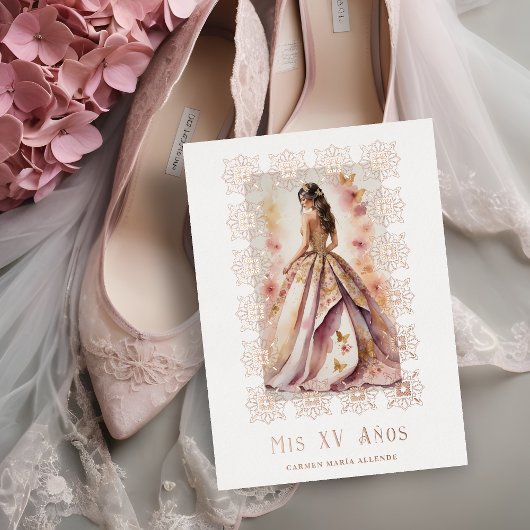 Spanish Glam Quinceañera Rose Gold Ornate Frame Folie Uitnodiging