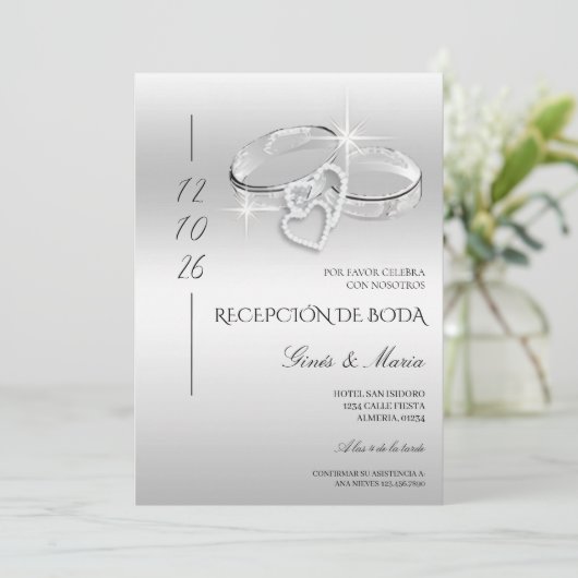 Spanish Glitzy Silver Wedding Rings Reception Kaart (Staand voorkant)