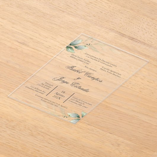 Spanish Greenery Wedding Acryl Uitnodiging (Laagn)